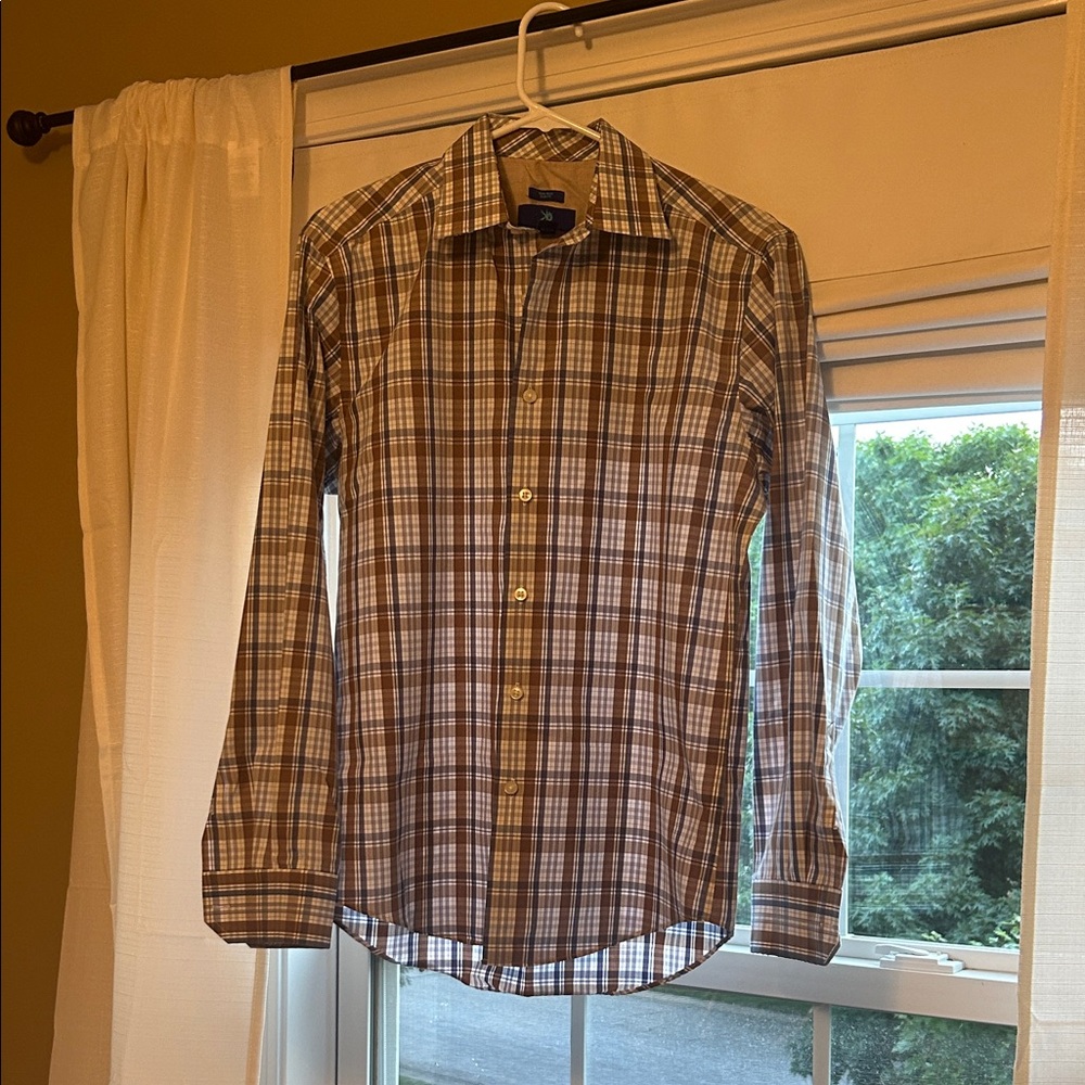 Egara Men's Tan Blue and White Plaid Shirt Sz M